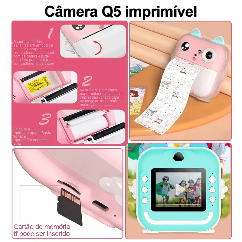 Cãmera Digital infantil  1080p hd  impressão térmica instantânea foto/vídeo com cartão de memória